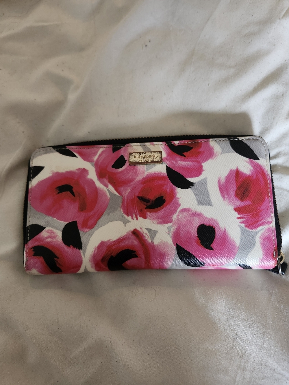 kate spade Pink Floral Zip Wallet with Black Accents